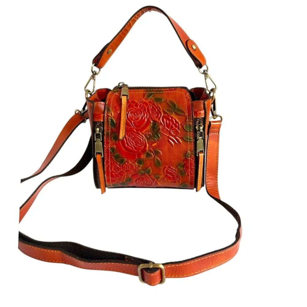 Vintage Style Orange Embossed‎ Floral Rose PU Leather Crossbody Handbag Purse